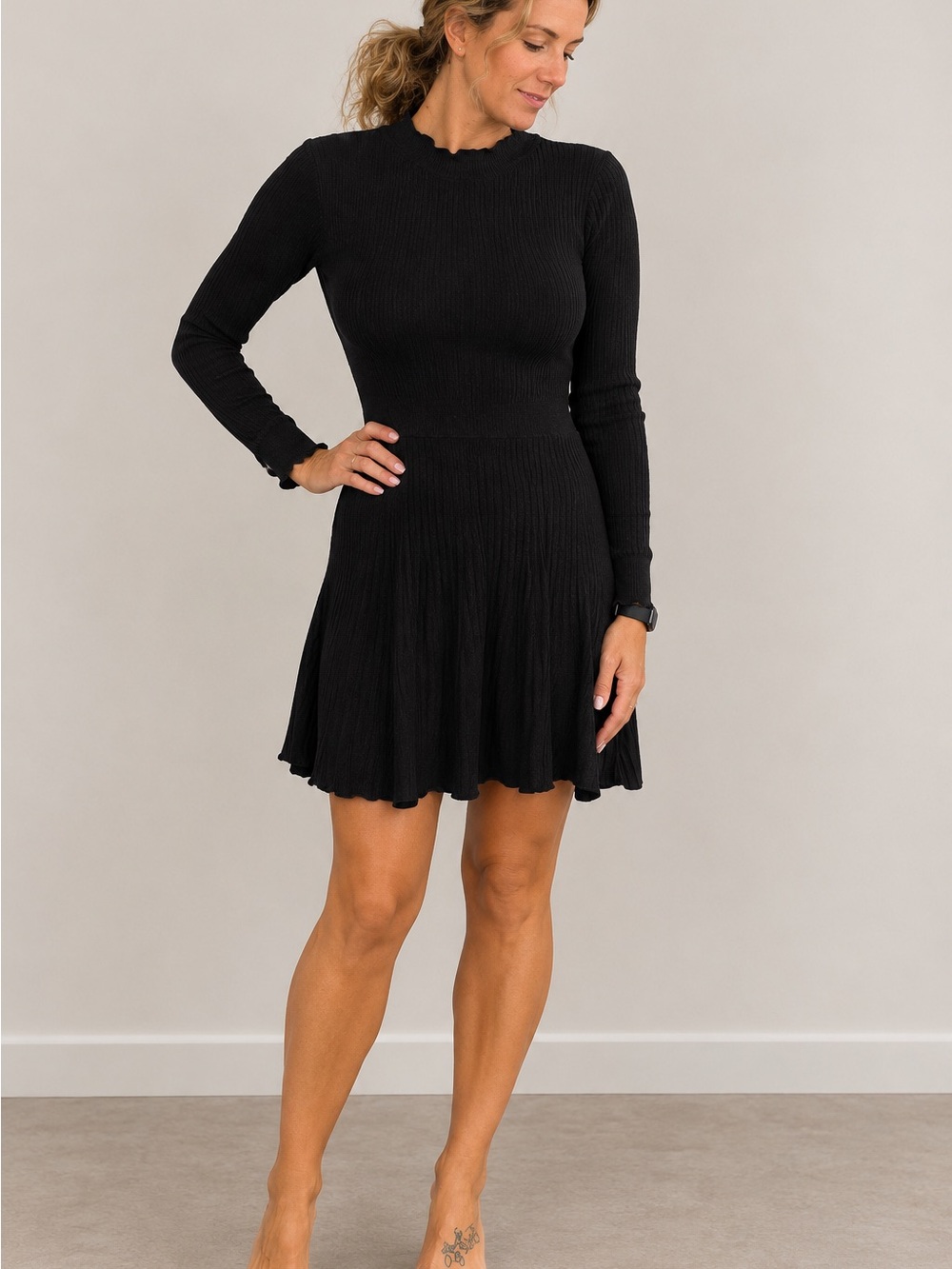 Paris Hilton Black Long-Sleeve Ribbed Fit & Flare Dress